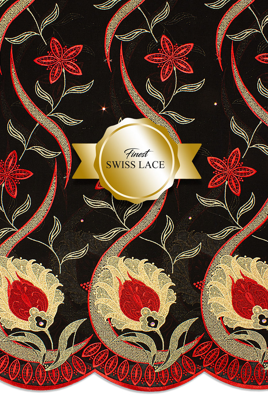 FSL715 Stunning Fine Swiss Lace Black, Gold Royal Red