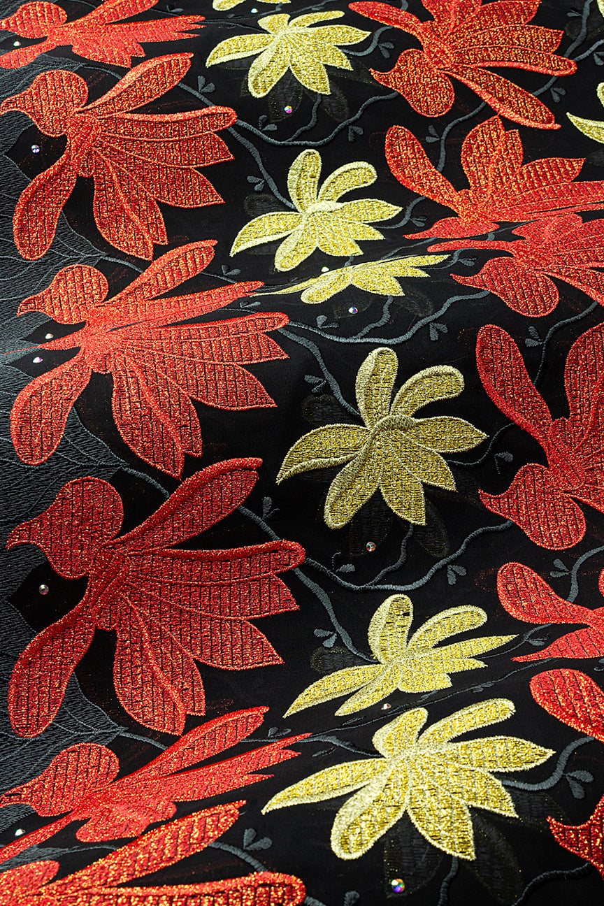 FSL789 - Stunning Fine Swiss Lace - Black, Royal Red & Gold