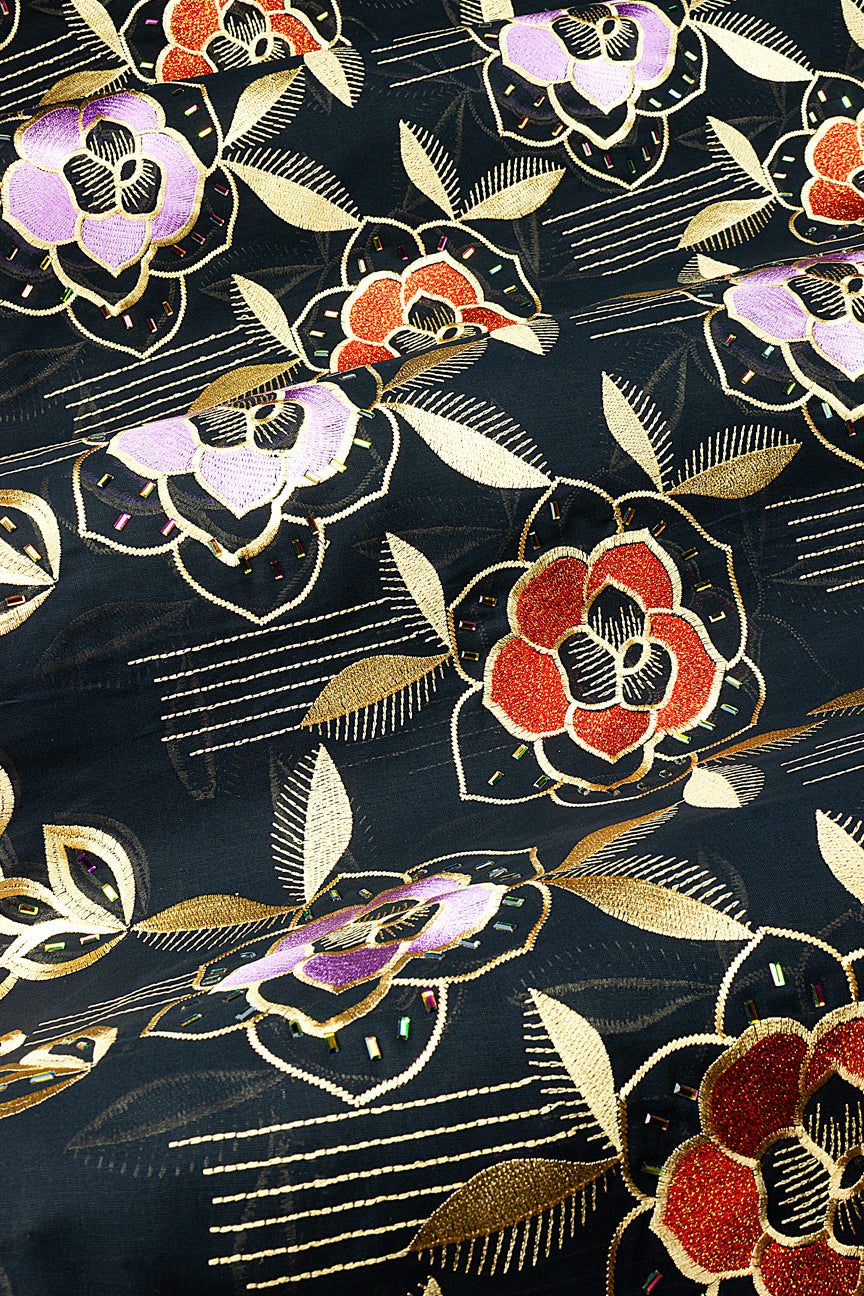Beaded Voile Lace - BVL003 - Black, Gold & Red