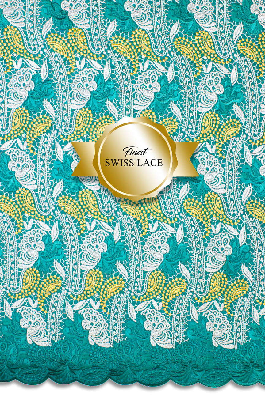 FSL602 - Stunning Fine Swiss Lace - Teal, Silver & Gold