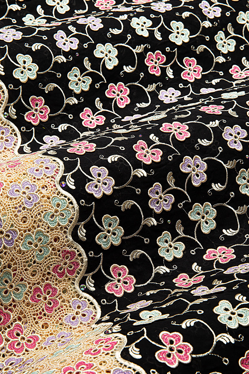 High Quality Lace - HQL1031 - Black, Pink & Lavender, Mint & Gold Floral