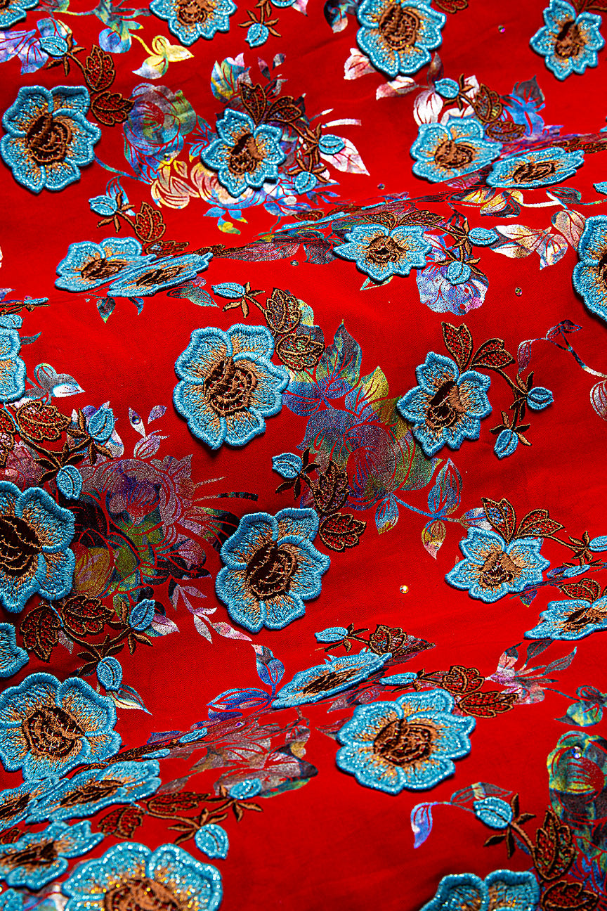 High Quality Lace - HQL1021 - Crimson Red & Sky Blue Floral