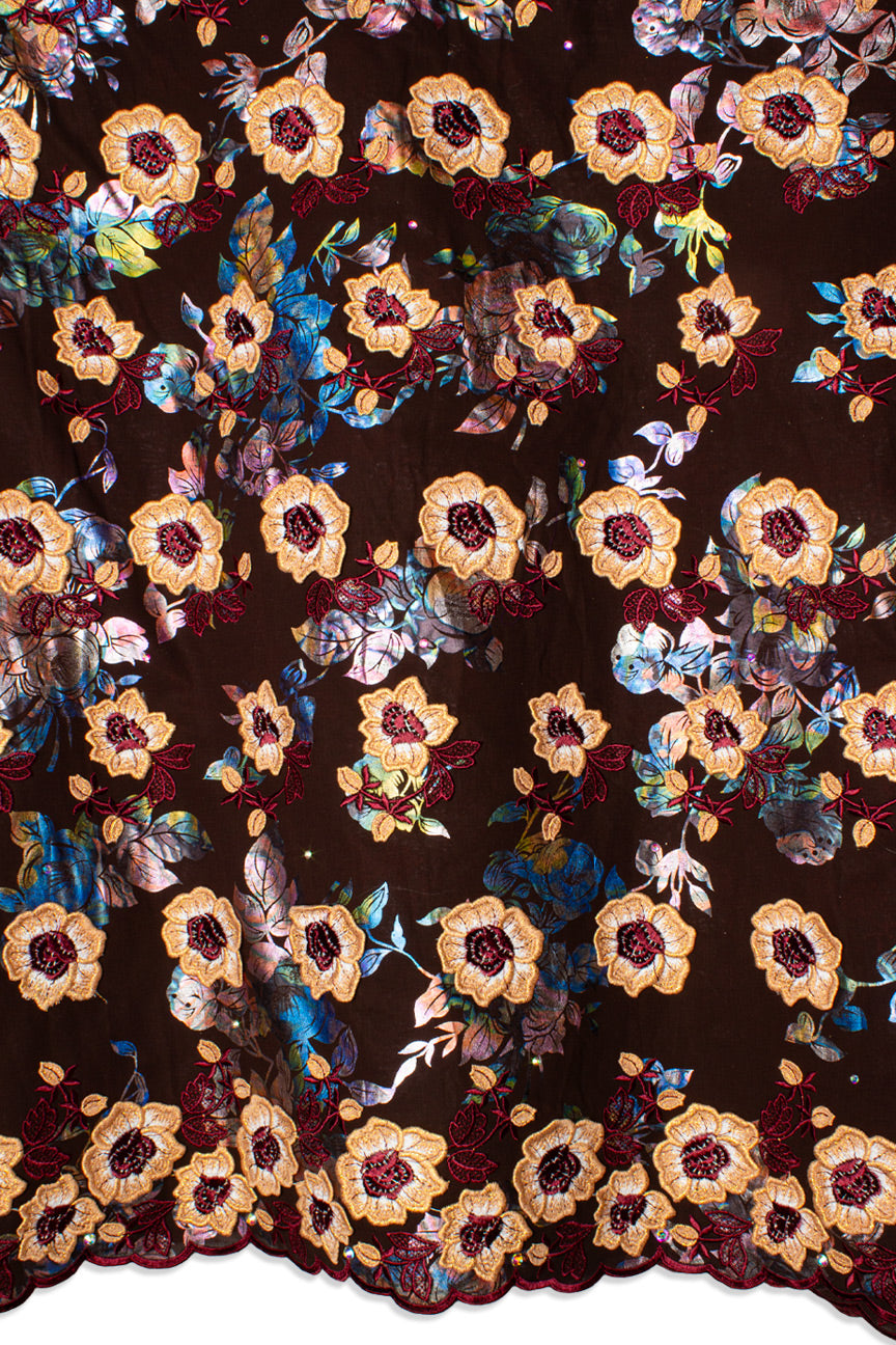 High Quality Lace - HQL1025 - Deep Brown, Gold & Red Floral
