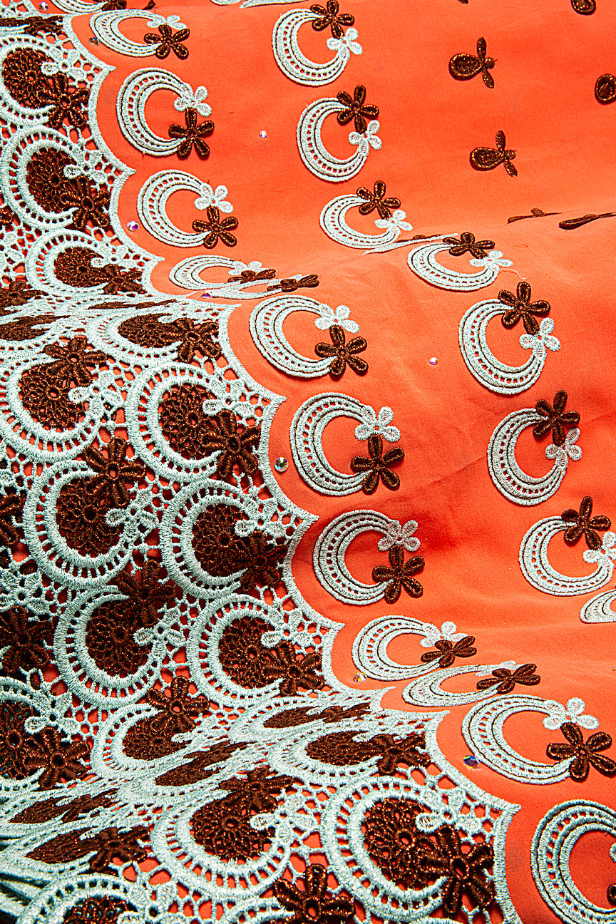 High Quality Lace - HQL1042 - Tangerine, Sky Blue & Deep Brown