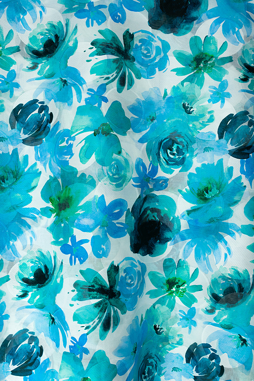 Jacquard Swiss Voile in White & Turquoise - JQV0739