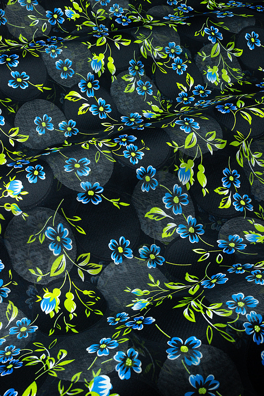 Jacquard Swiss Voile in Black, Green & Sky Blue - JQV0727