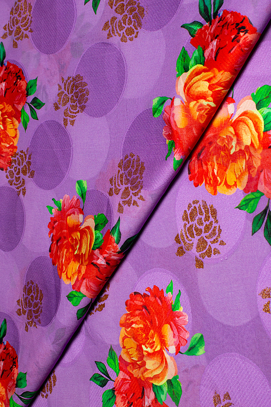 Jacquard Voile in Lilac, Red, Orange & Green with Gold - JQVE0671