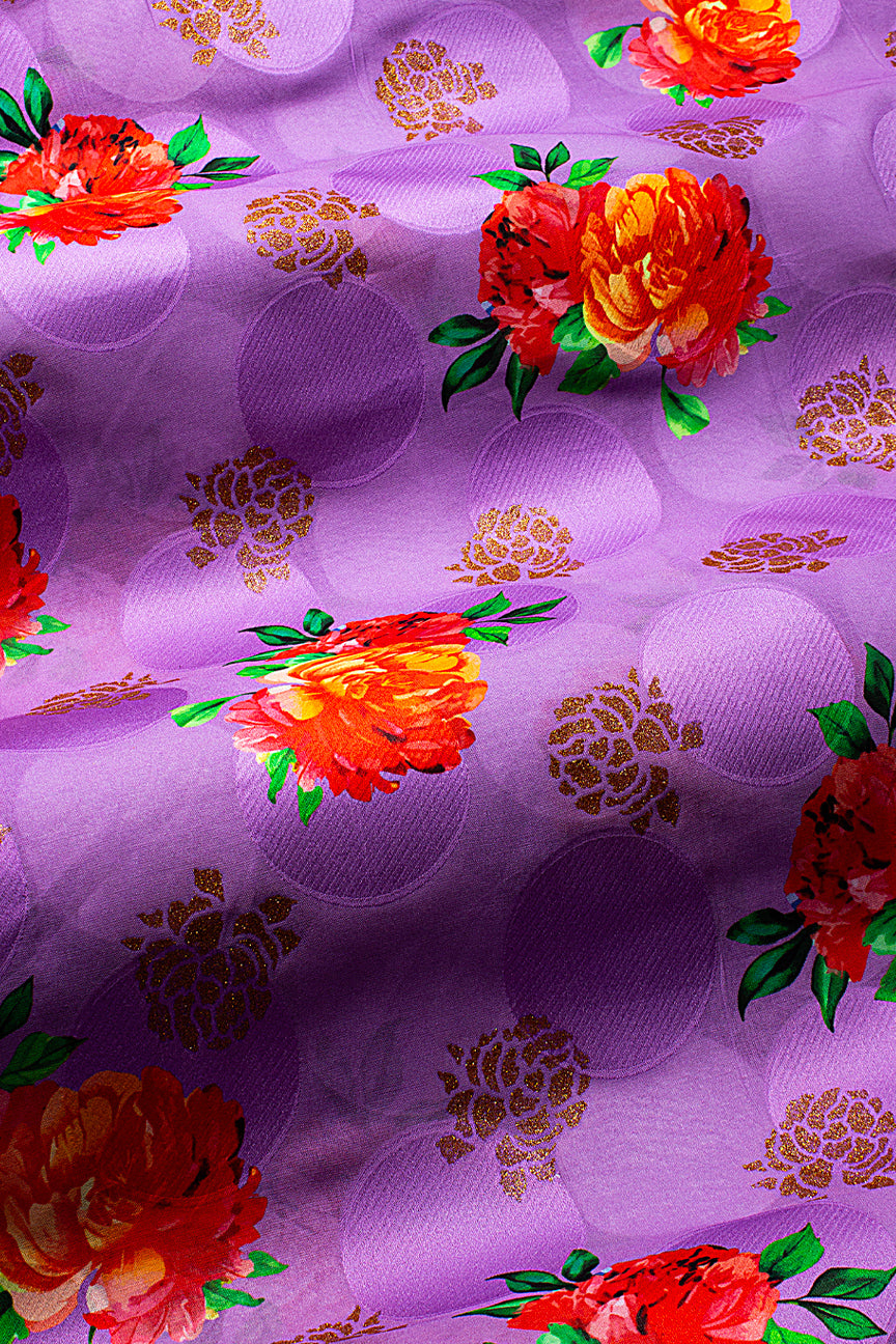 Jacquard Voile in Lilac, Red, Orange & Green with Gold - JQVE0671