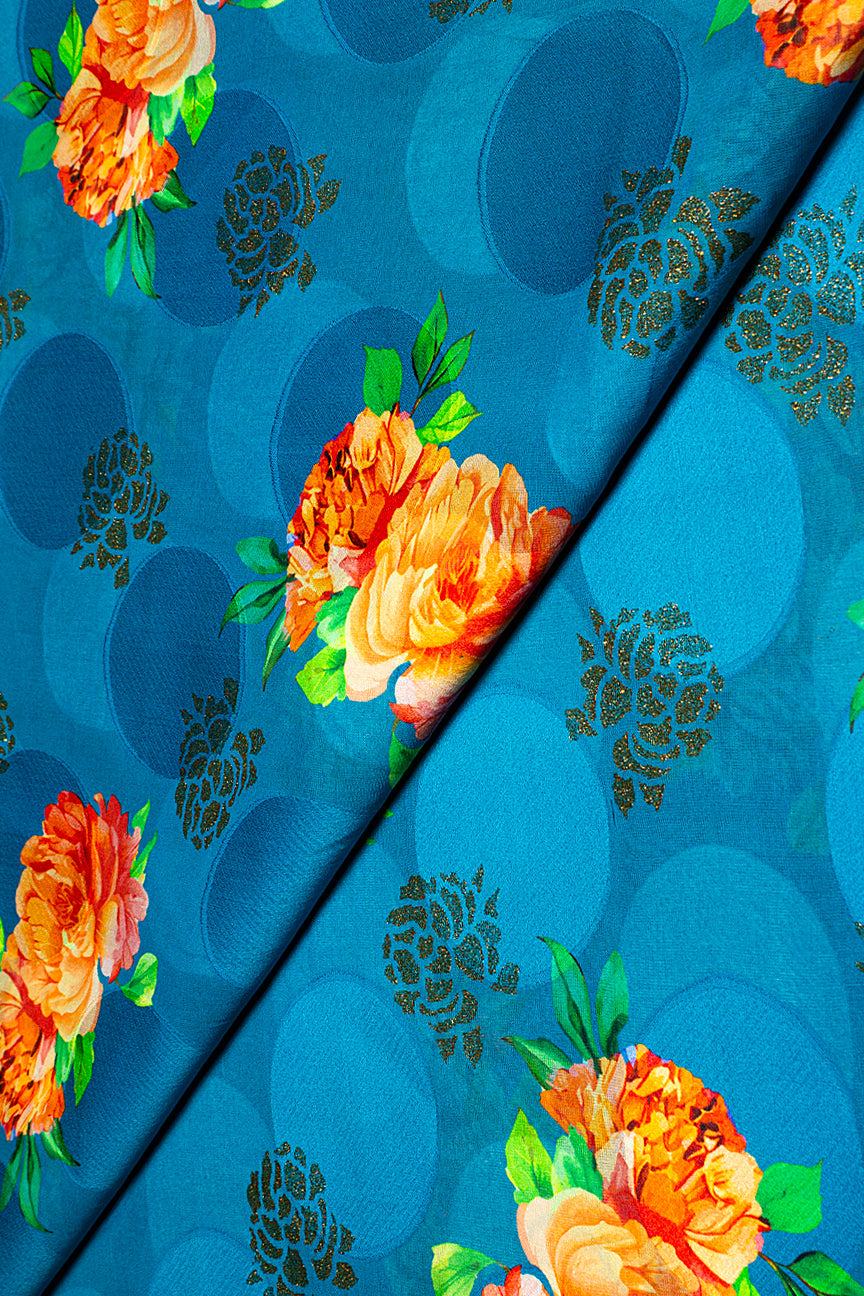 Jacquard Voile in Sea Blue & Firey Orange with Gold - JQVE0672