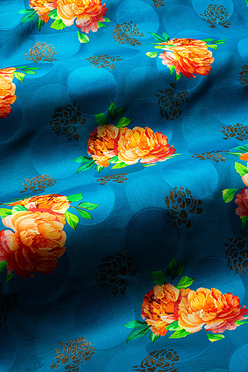 Jacquard Voile in Sea Blue & Firey Orange with Gold - JQVE0672