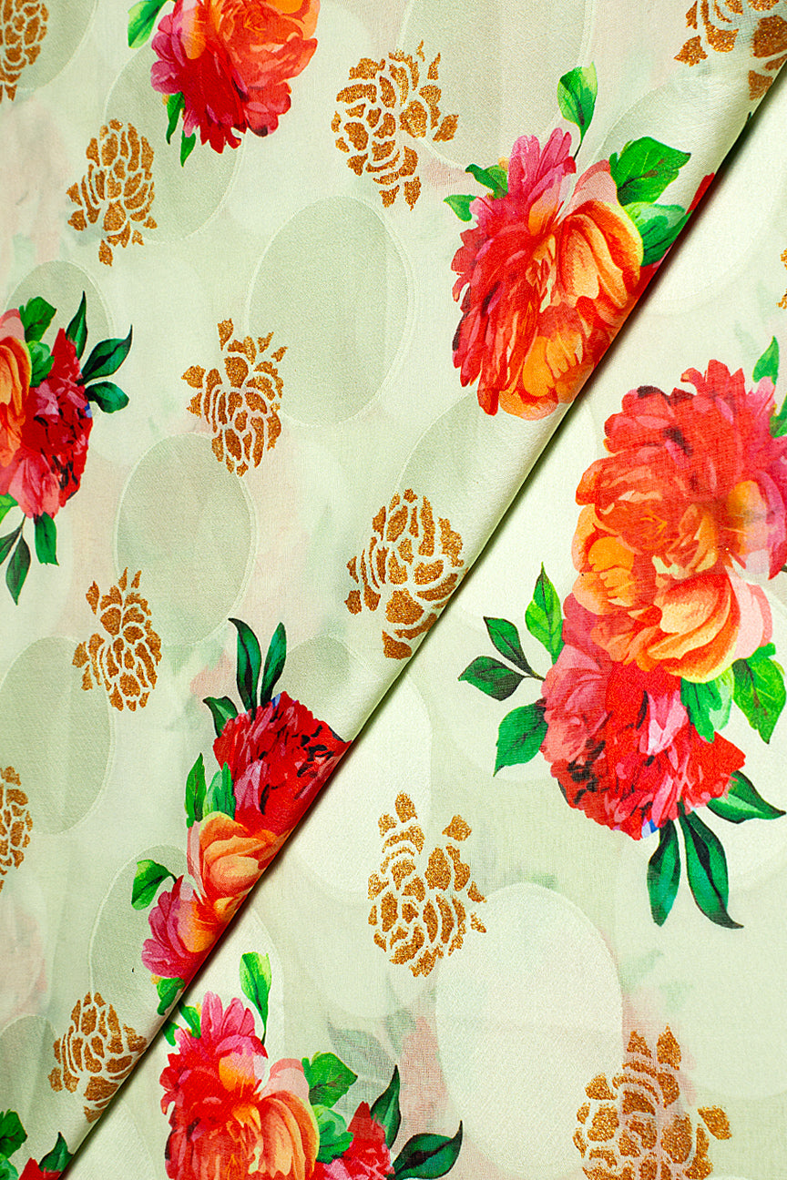 Jacquard Voile in Cream, Red, Orange with Gold - JQVE0673