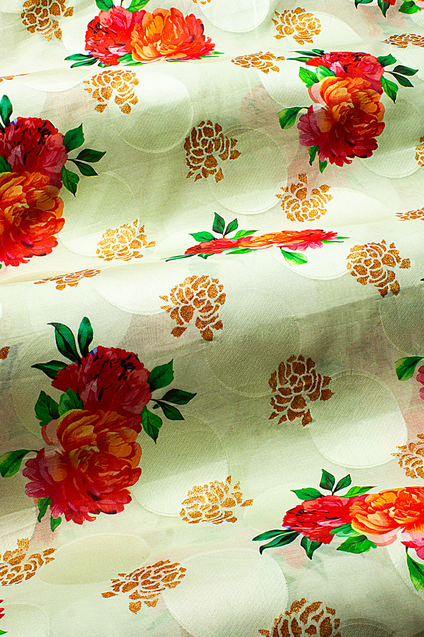 Jacquard Voile in Cream, Red, Orange with Gold - JQVE0673