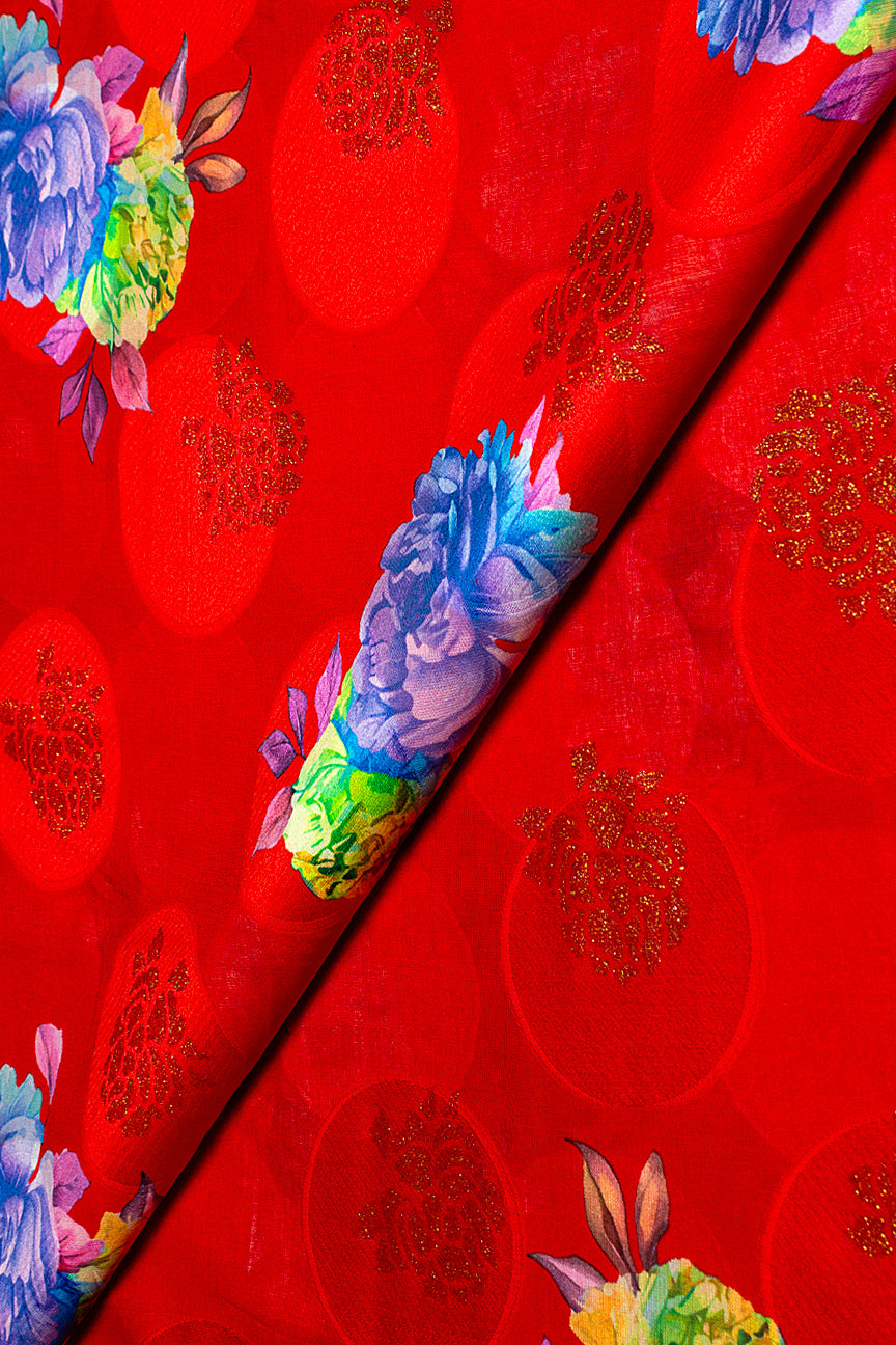 Jacquard Voile in Royal Red, Multi Coloured Floral Design with Gold - JQVE0674