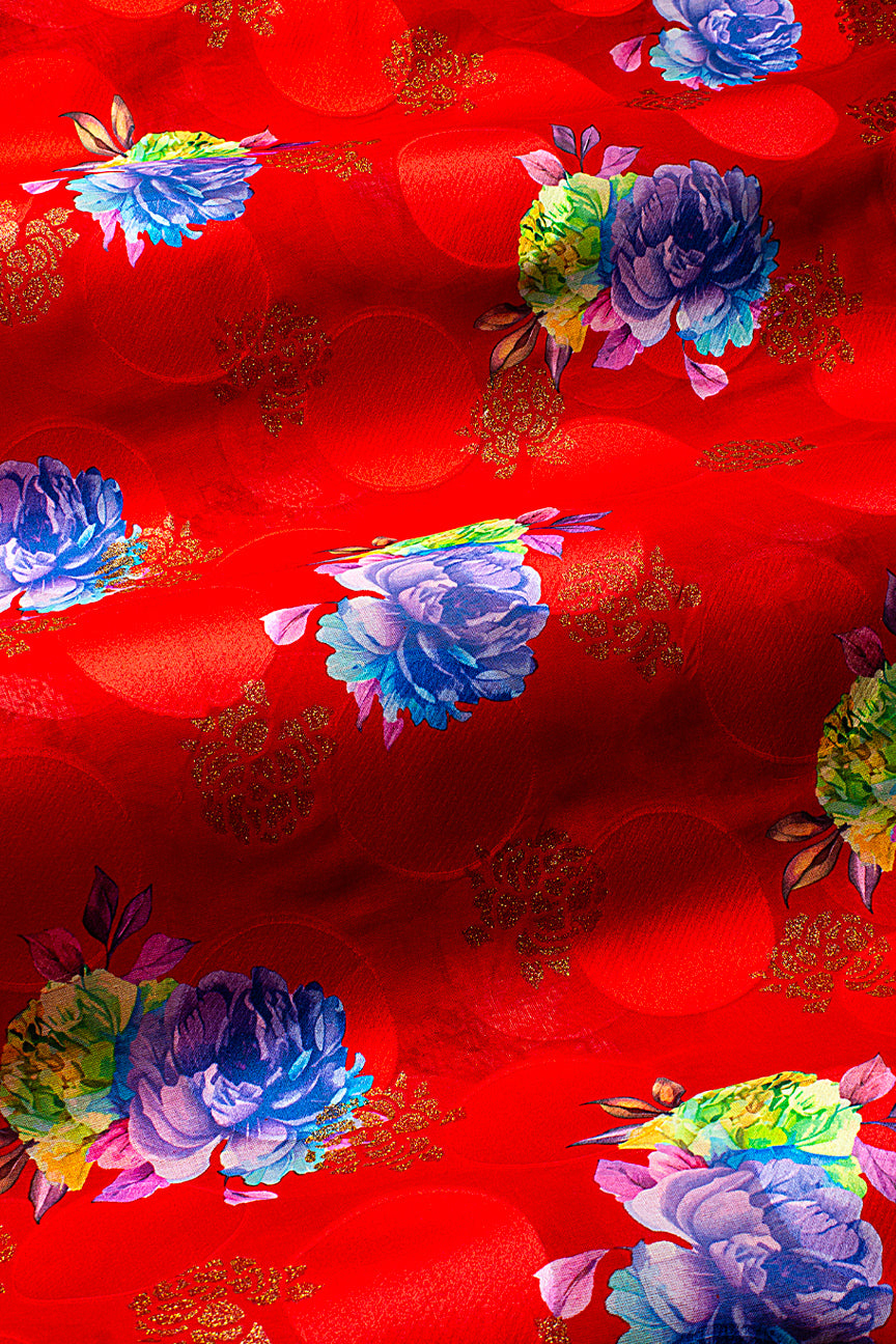 Jacquard Voile in Royal Red, Multi Coloured Floral Design with Gold - JQVE0674