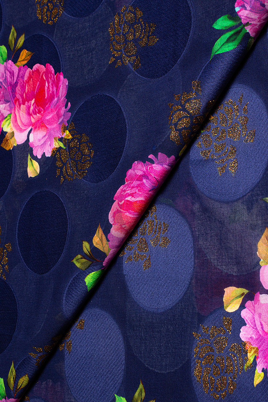 Jacquard Voile in Midnight Blue, Pink & Green with Gold - JQVE0675