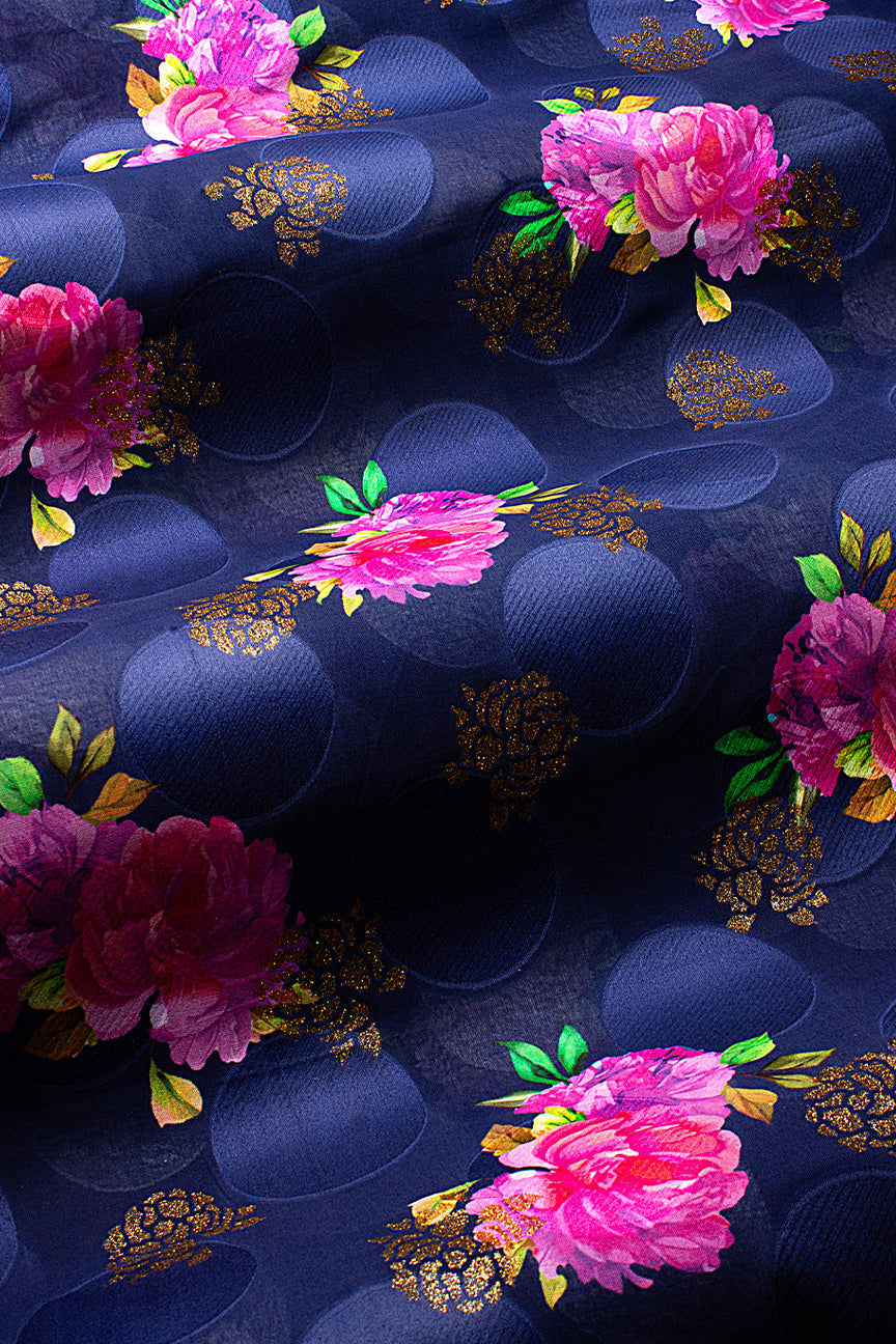 Jacquard Voile in Midnight Blue, Pink & Green with Gold - JQVE0675