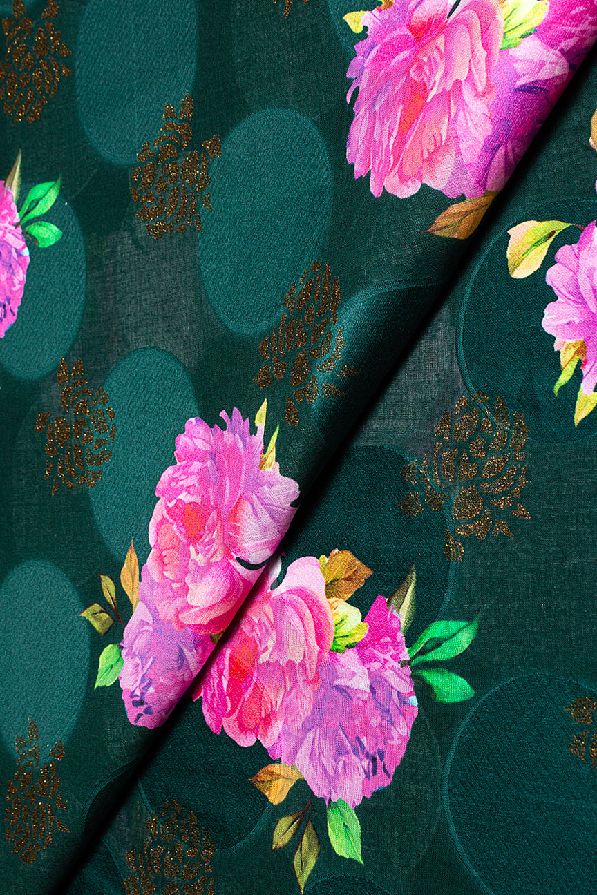 Jacquard Voile in Deep Green, Pink & Green with Gold - JQVE0676