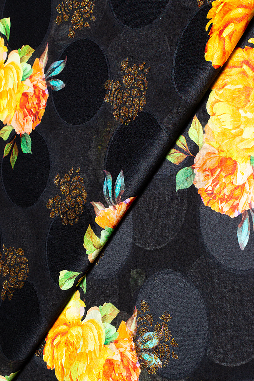 Jacquard Voile in Black, Yellow, Orange, Blue & Green with Gold - JQVE0677
