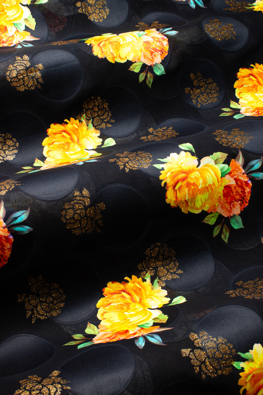 Jacquard Voile in Black, Yellow, Orange, Blue & Green with Gold - JQVE0677