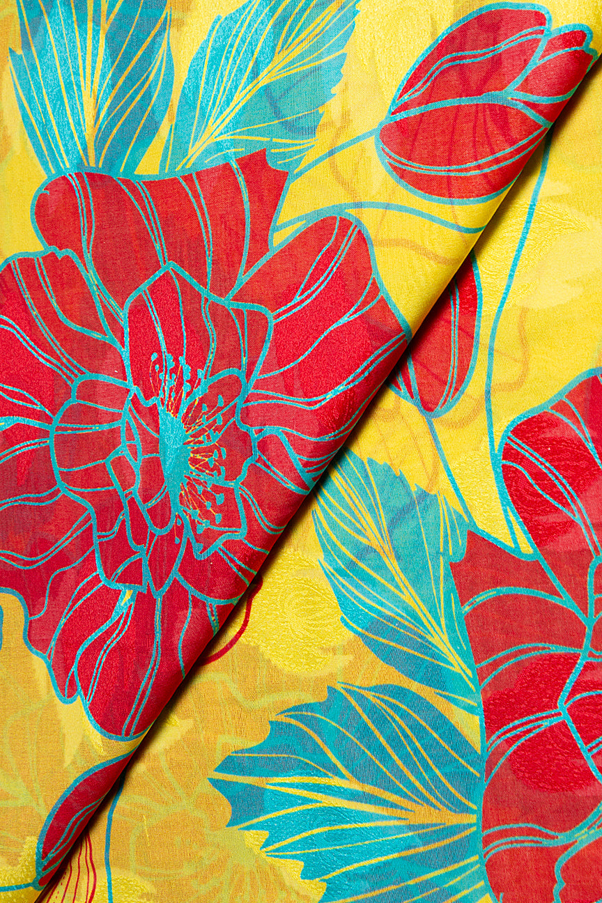 Jacquard Voile in Yellow, Crimson Red & Turquoise Blue - JQV0652