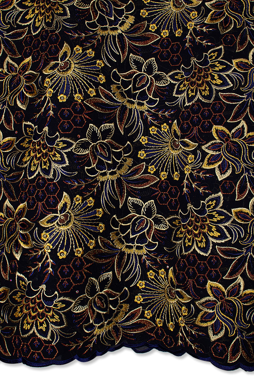 FSL761 - Stunning Fine Swiss Lace - Black, Royal Blue, Deep Brown & Gold