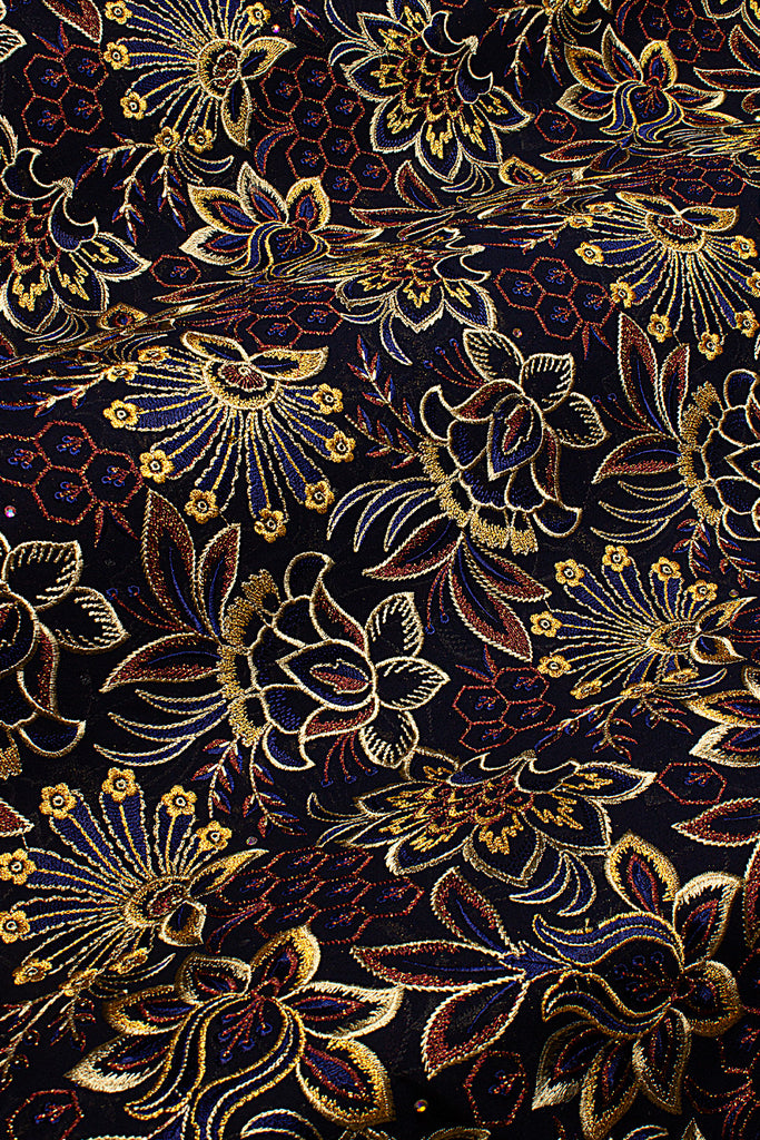 FSL761 - Stunning Fine Swiss Lace - Black, Royal Blue, Deep Brown & Gold