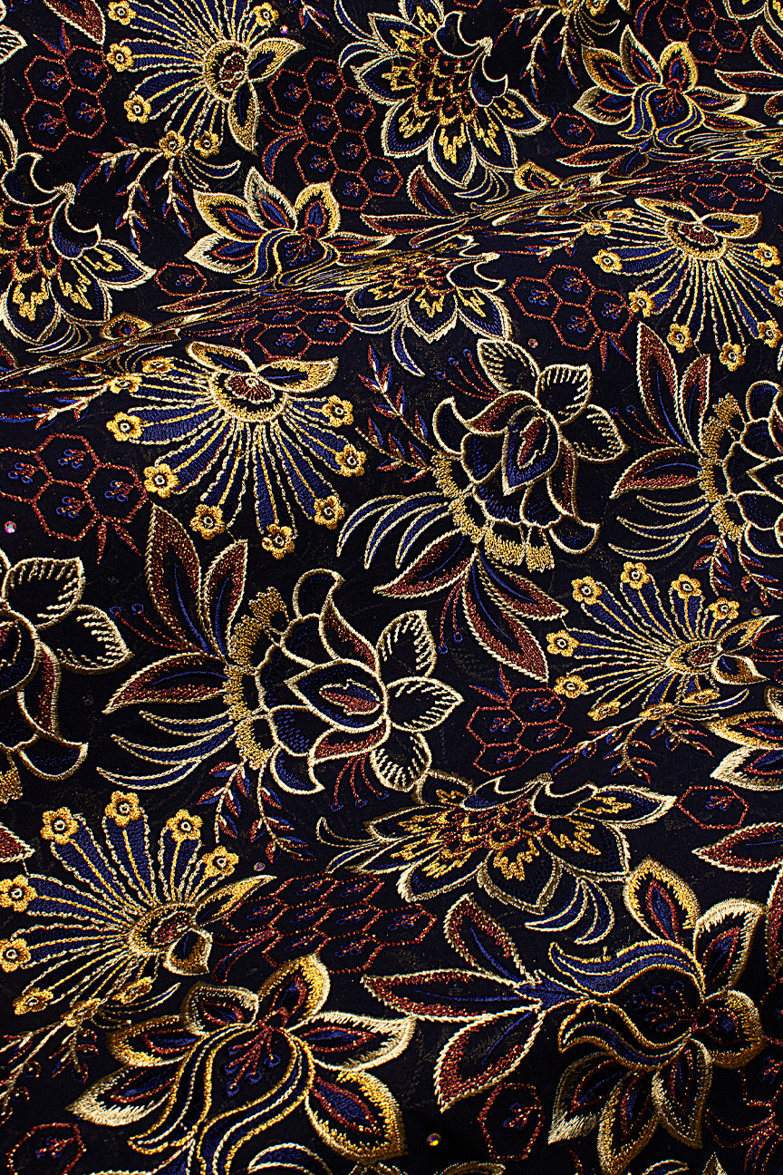 FSL761 - Stunning Fine Swiss Lace - Black, Royal Blue, Deep Brown & Gold