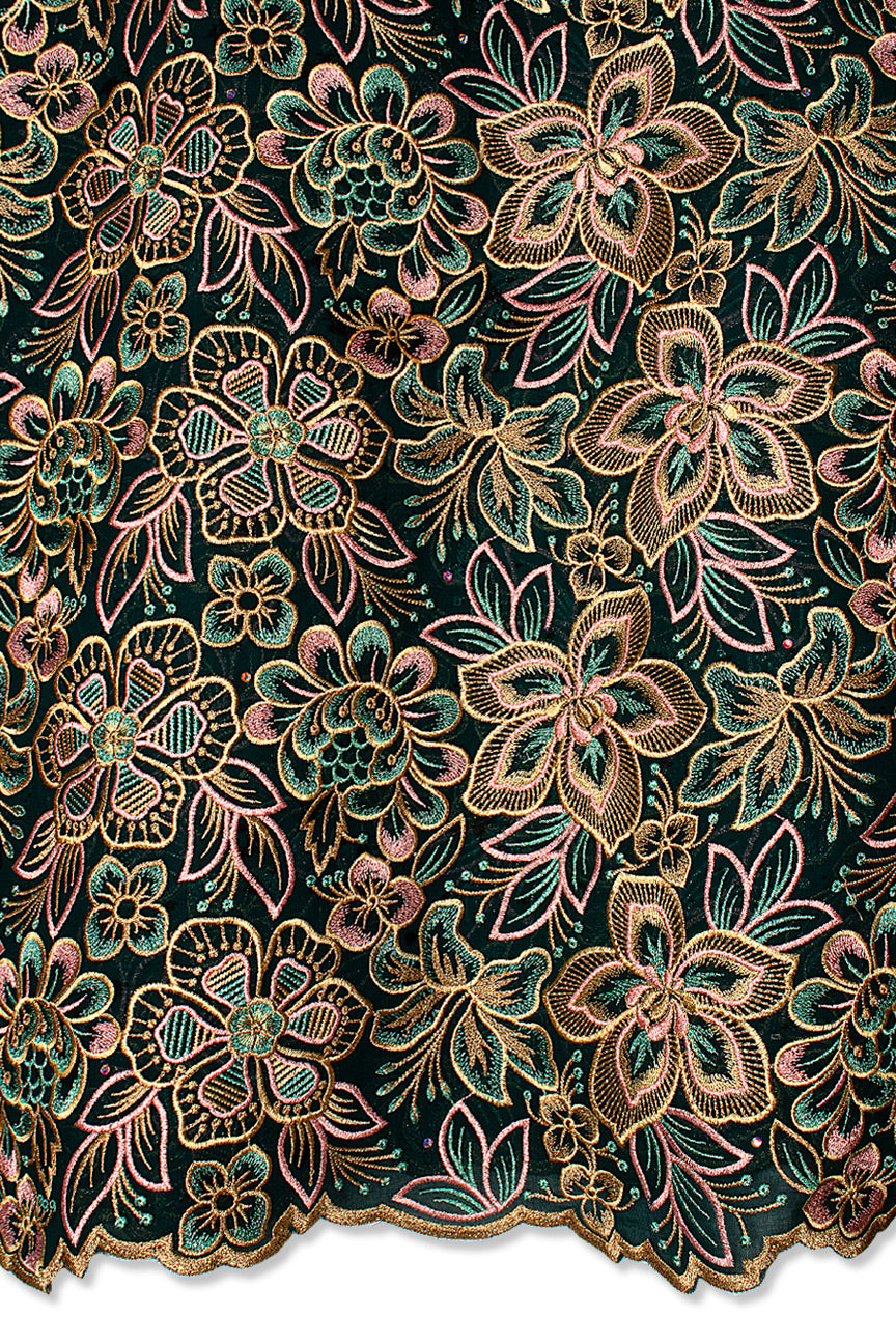 FSL761 - Stunning Fine Swiss Lace - Black, Peach, Turquoise & Gold