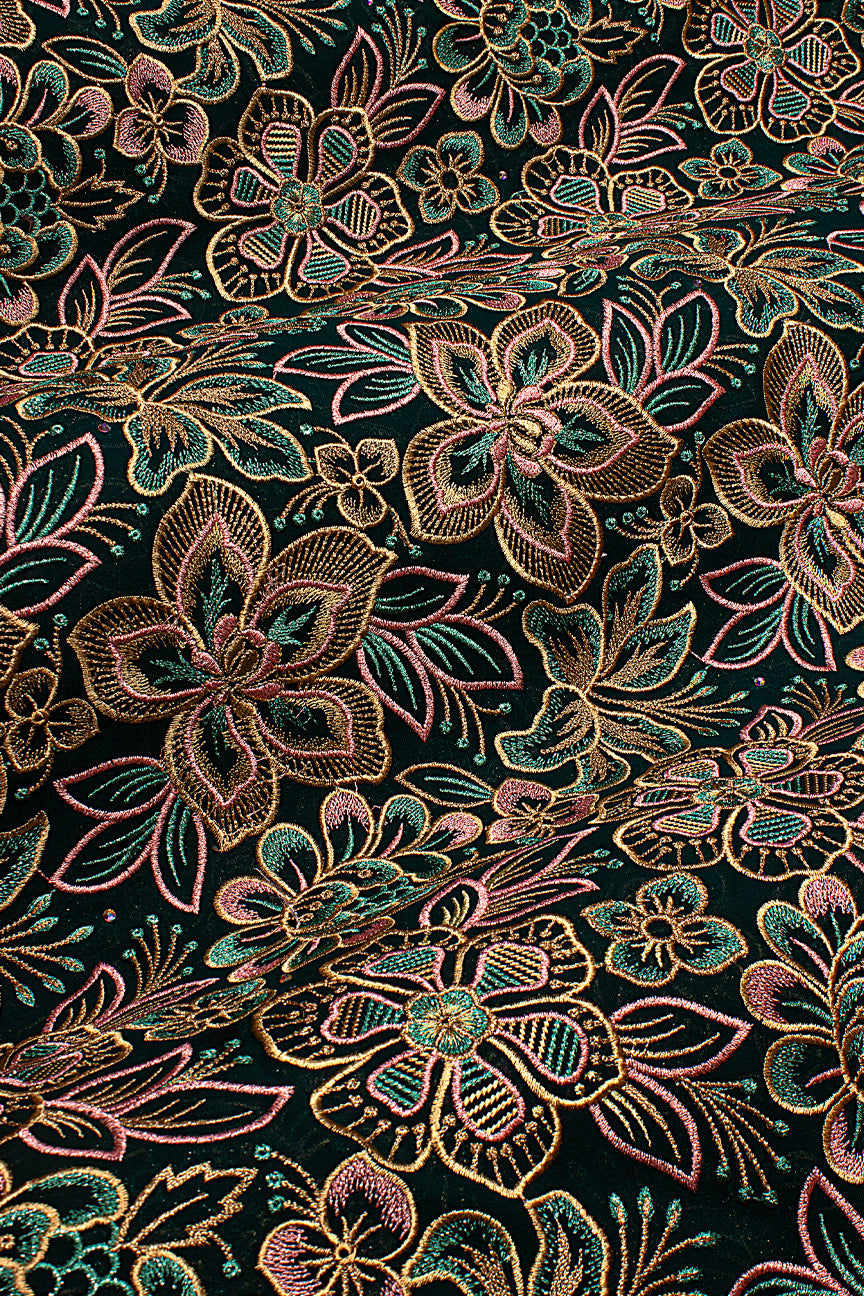 FSL761 - Stunning Fine Swiss Lace - Black, Peach, Turquoise & Gold