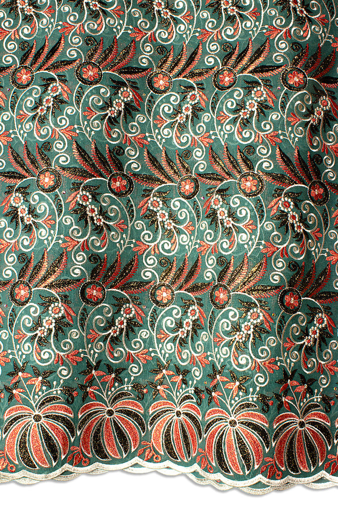 FSL741 - Stunning Fine Swiss Lace - Royal Green & Papaya Red