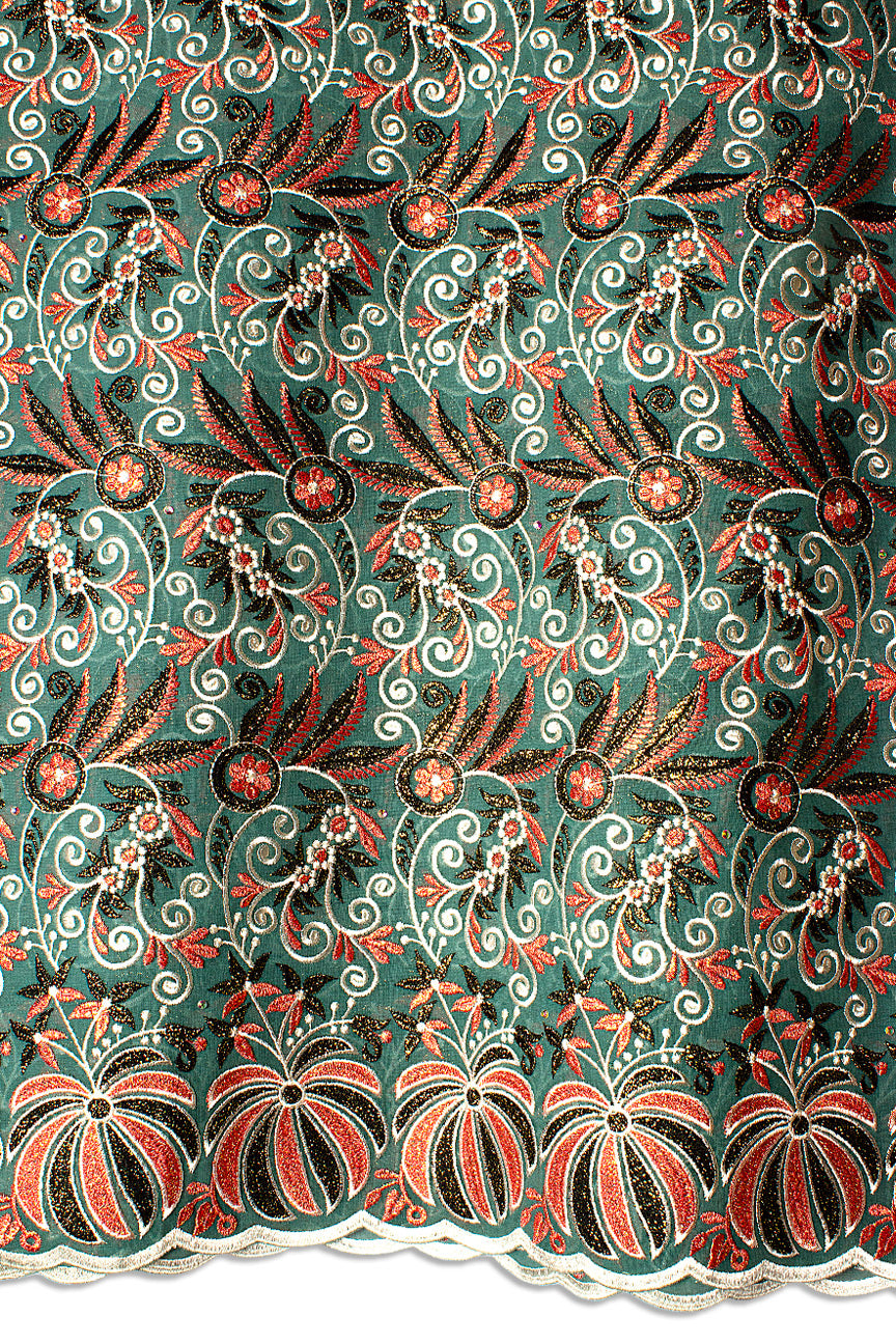 FSL741 - Stunning Fine Swiss Lace - Royal Green & Papaya Red