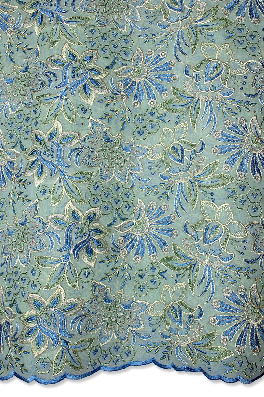 FSL761 - Stunning Fine Swiss Lace - Aqua, Sky Blue & Light Gold