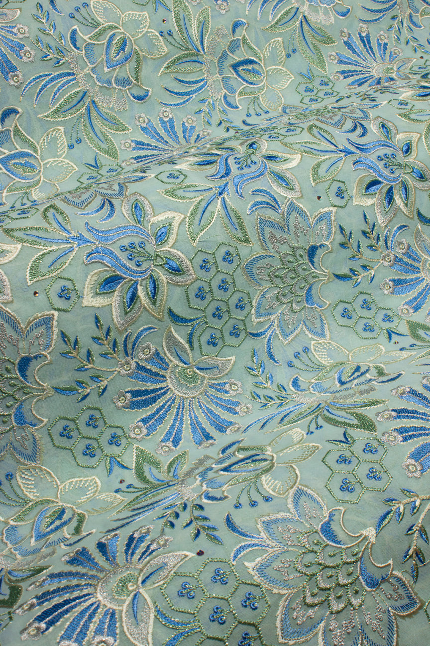 FSL761 - Stunning Fine Swiss Lace - Aqua, Sky Blue & Light Gold
