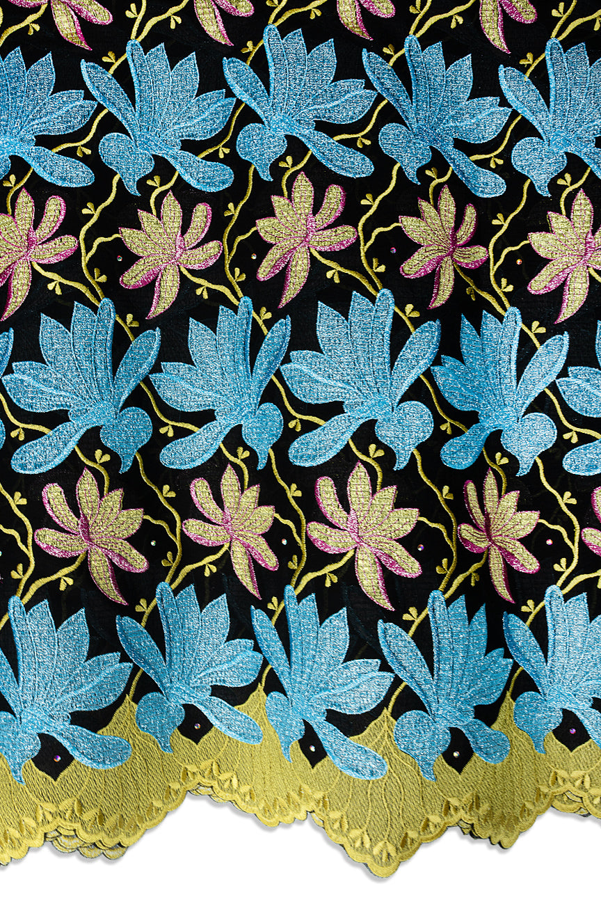FSL781 - Stunning Fine Swiss Lace - Black, Sky Blue, Gold & Pink