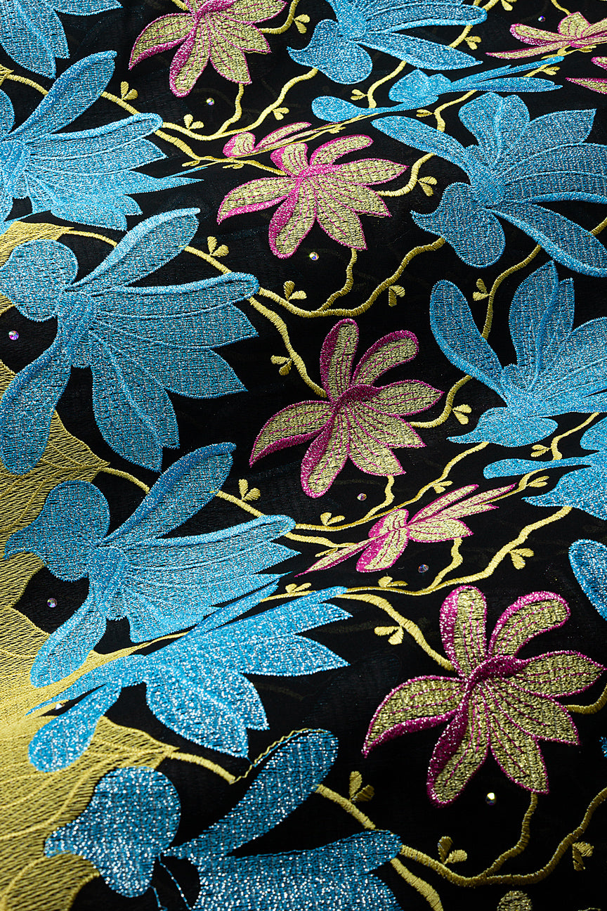 FSL781 - Stunning Fine Swiss Lace - Black, Sky Blue, Gold & Pink