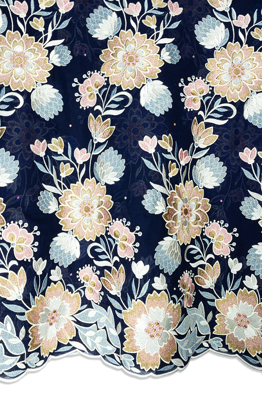 FSL805 - Stunning Fine Swiss Lace - Deep Blue, Peach & Gold
