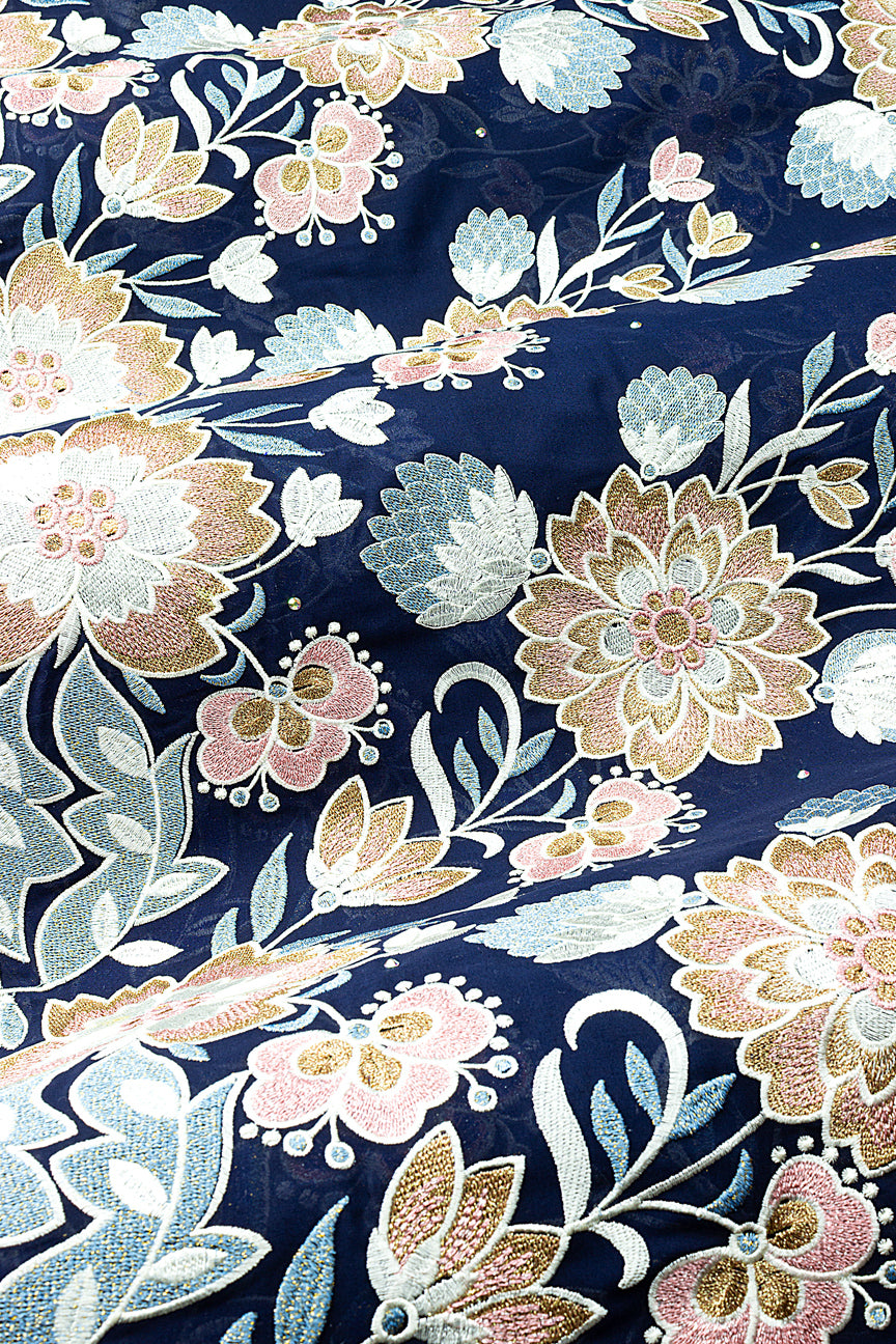 FSL805 - Stunning Fine Swiss Lace - Deep Blue, Peach & Gold