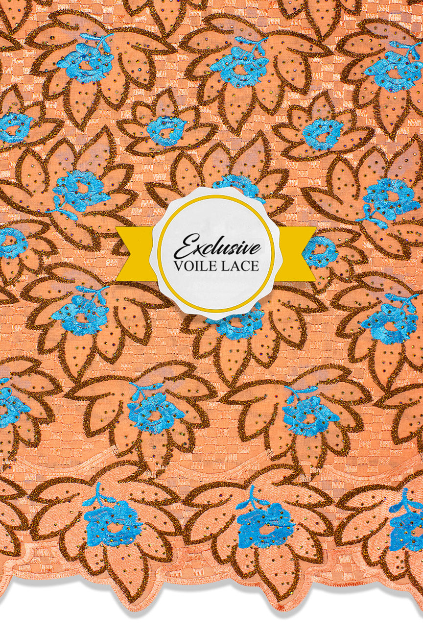 Voile Lace Exclusive in Peach, Brown & Blue. - VL522