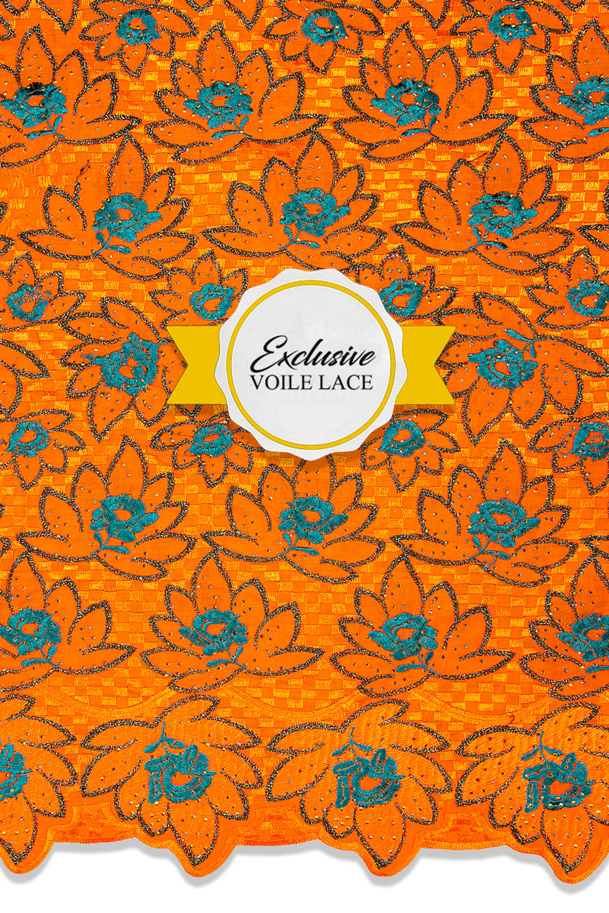 Voile Lace Exclusive in Firey Orange, Black & Teal - VL527