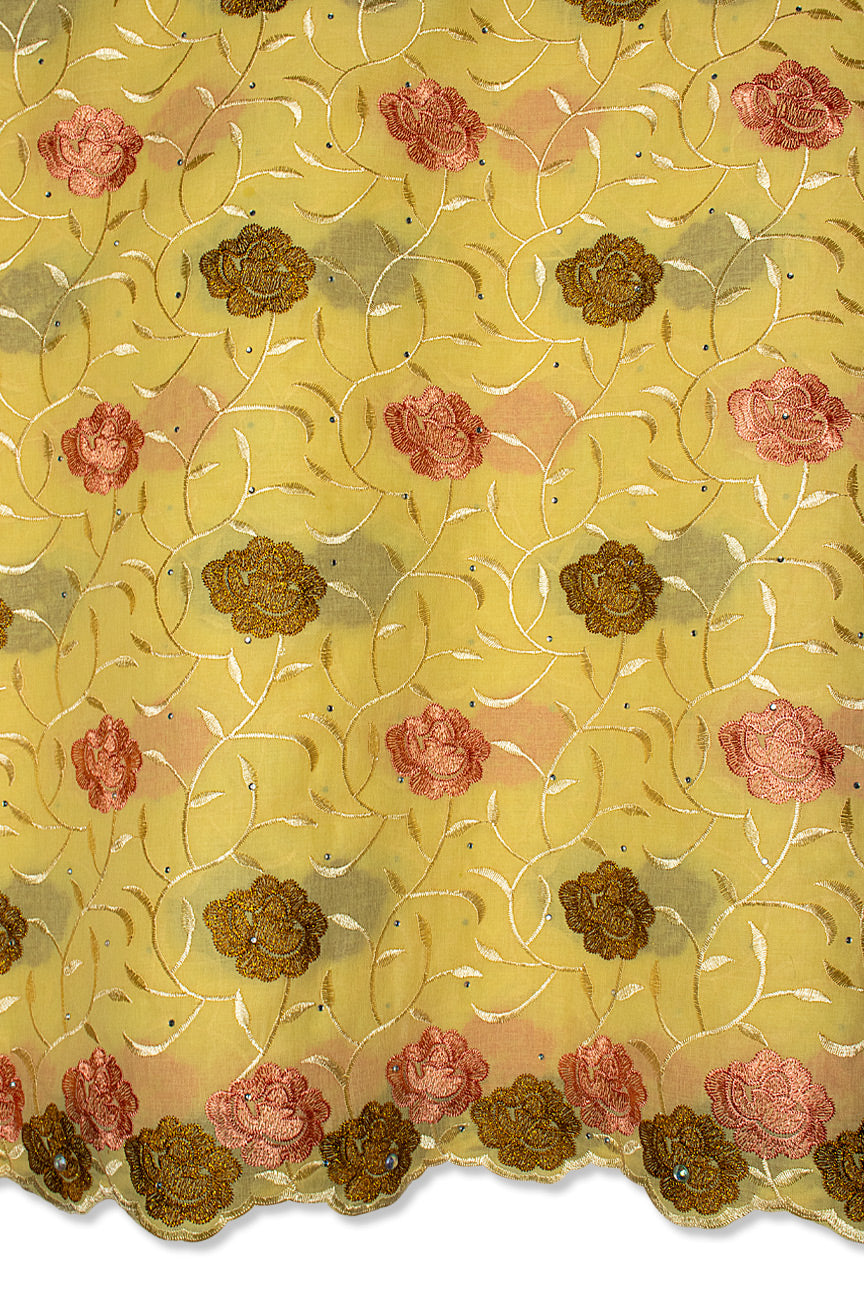 Voile Lace in Mustard Yellow, Peach & Gold - VL611