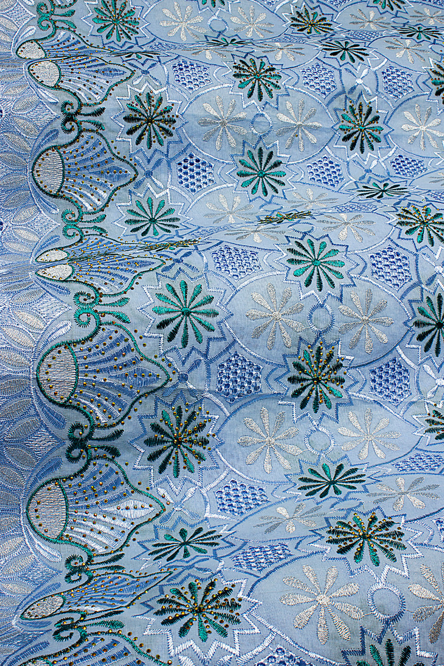 Voile Lace in Sky Blue, Turquoise & Ash - VL617