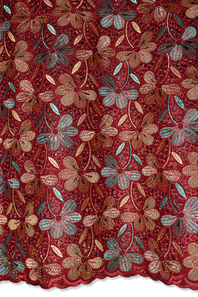 Voile Lace in Burgundy Red, Aqua & Gold - VL624