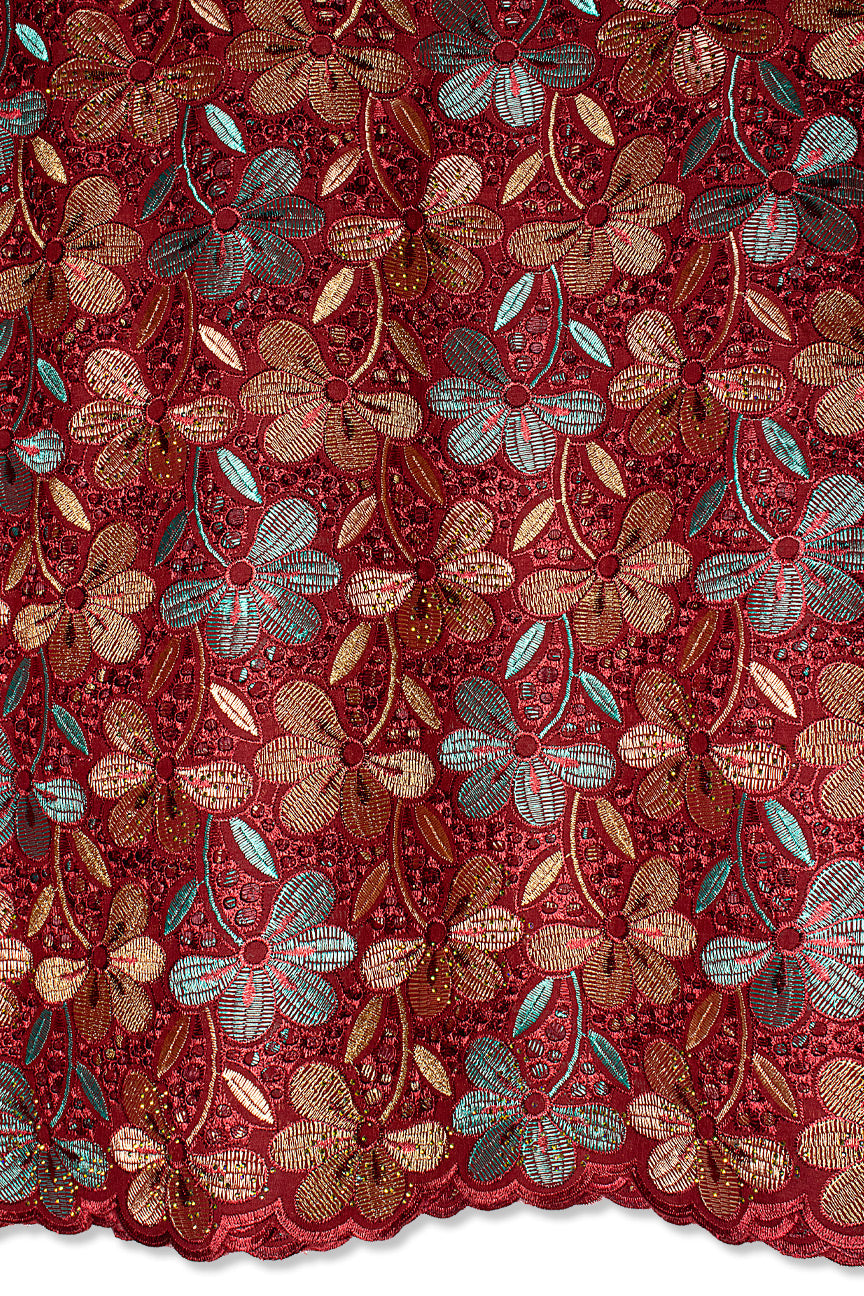 Voile Lace in Burgundy Red, Aqua & Gold - VL624