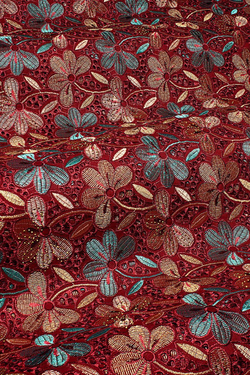Voile Lace in Burgundy Red, Aqua & Gold - VL624