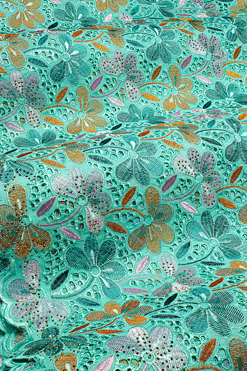 Voile Lace in Aqua, Gold & Orange - VL627