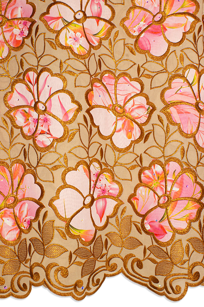 High Quality Lace - HQL1034 - Brown, Gold & Pink Flower Design