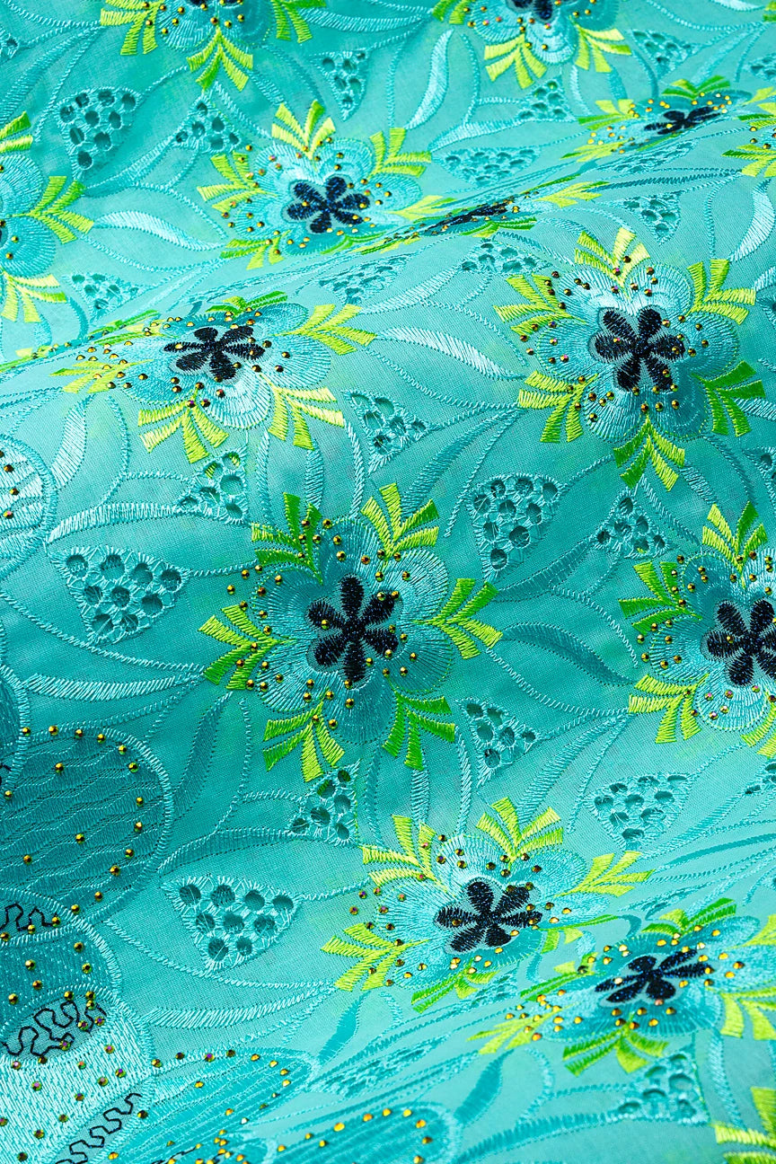 Voile Lace in Aqua, Blue-Black & Lemon Green - VL643