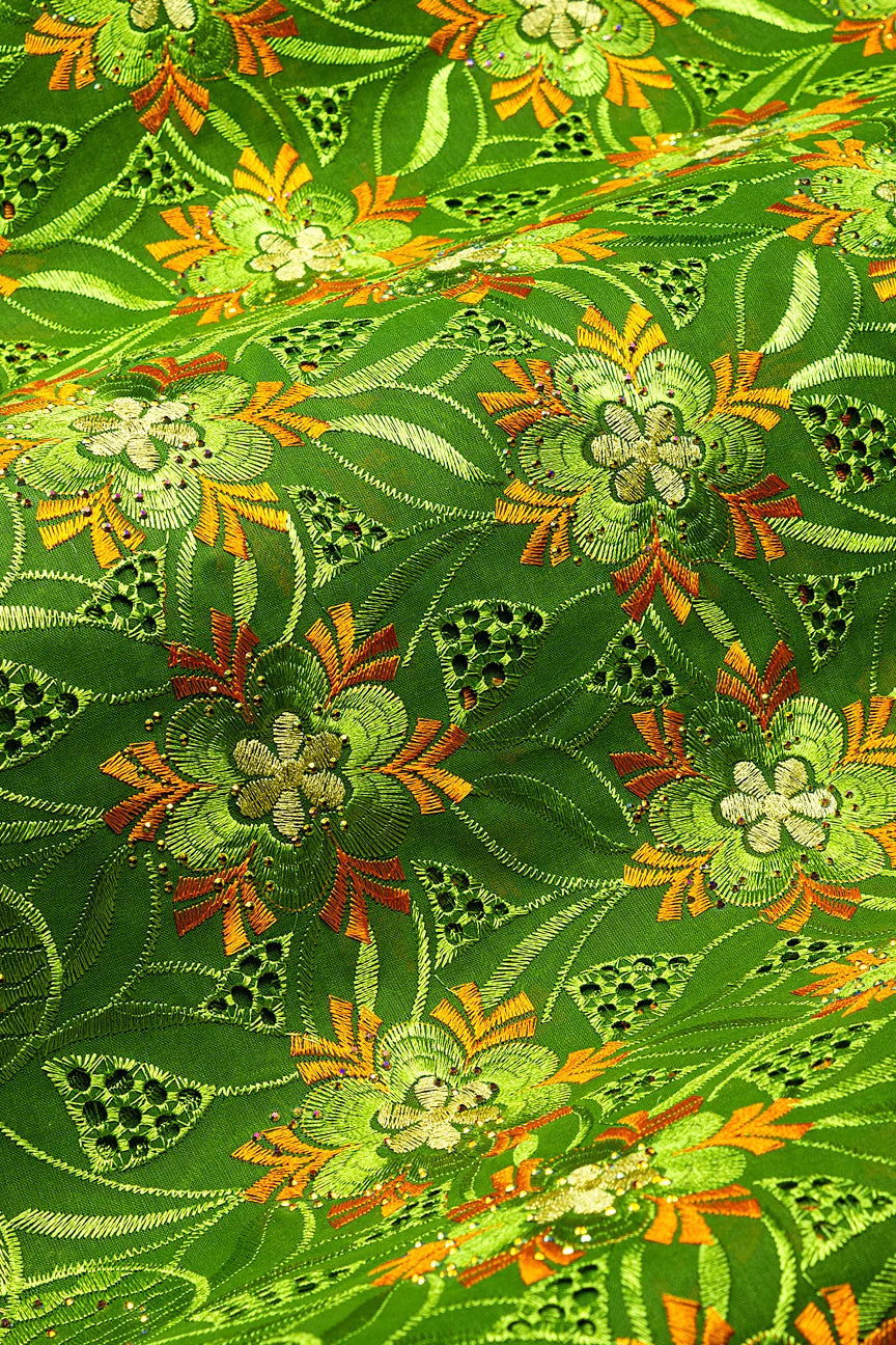 Voile Lace in Leaf Green, Orange & Gold - VL644