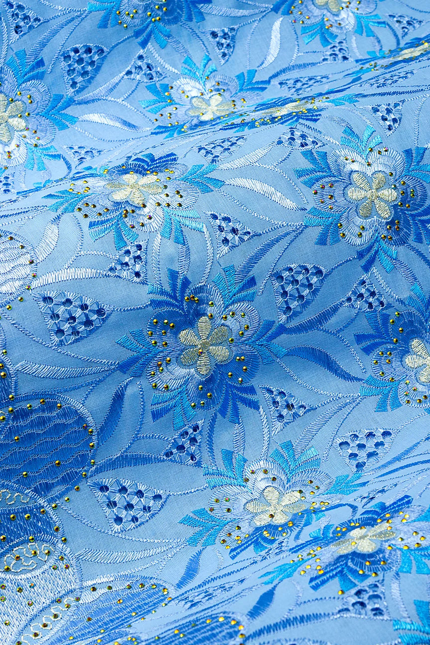 Voile Lace in Sky Blue, Cream & Turquoise Blue - VL645