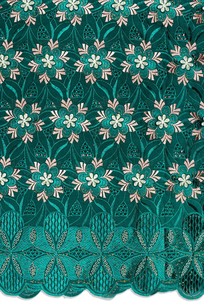 Voile Lace in Bottle Green, Teal, Peach & Gold - VL647